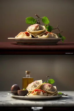 renaissance style still life composite, dish of Raviolis with meat, vine cup, olive oil. moisture, art, natural, ornaments, ceramic, marble, high kitchen, smooth, god rays, unreal engine 5, ray tracing, RTX, lumen lighting, ultra detail, volumetric lighting, 3d.