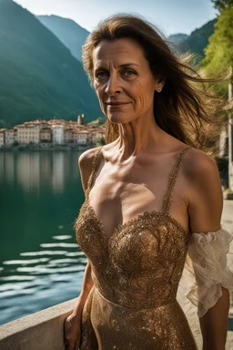 Act like street photographer. Create a realistic photograph of a small Italian town at Como Lake in late spring with a portrait of a 45-year-old, beautiful, slim Polish woman with brown hair. Use a 24 mm lens and a Fuji T30 camera for mild light, warm, golden hour photos from a distance, elegant dress for a dinner, flirtuos pose