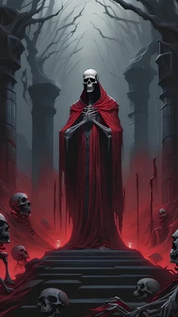 In the center stands a figure resembling a skeleton in a robe. There is a column of scarlet light seeping through the figure, which exits the figure through the eyes and mouth, the figure's jaw is open. The background depicts an eerie cemetery in shades of gray.