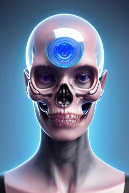 A glass headed skull with sapphire eys wearing a futuristic uniform, 8k resolution concept art portrait by Greg Rutkowski, Artgerm, WLOP, Alphonse Mucha Boris Vallejo dynamic lighting hyperdetailed intricately detailed Splash art trending on Artstation complimentary colors Unreal Engine 5 volumetric lighting