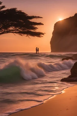 Loving romantic couple looking into each other's eyes kindly at sandy beach with sunset over waves and cliffs