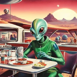 1950’s retro sci-fi space alien visit a diner in the desert