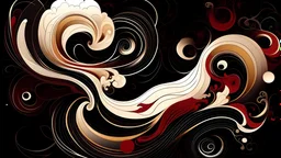 A stylized depiction of red and white swirling clouds or mist with gold accents against a black background, possibly representing a fantastical or abstract scene