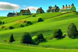 A photo of 4 houses standing on a green hill . It's a sunny day and there are animals in the background