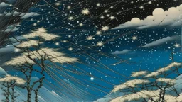White stars in the wispy night sky painted by Utagawa Hiroshige