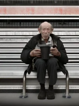 a protrait of a begger sitting inside a subway station in NYC. He is 80 years old, caucasion, thin with balding hair. In one hand he is holding a plastic cup and the other hand is stretched out to beg. Black and white photograph hyperrealistic photorealistic photography