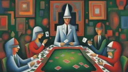 the cube-headed poker player at the green table surreal by peter mitchev