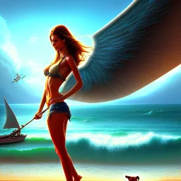 beach with boat, tanned girl with wings and dog, fantasy art, movie poster, framed