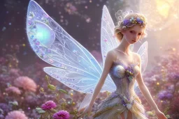 one very little beautiful fairy above one big crystal subtle flower in a galactic ambiance, transparent petals, delicate colors, in the foreground, full of details, smooth, bright sunshine，soft light atmosphere, light effect，vaporwave colorful, concept art, smooth, extremely sharp detail, finely tuned detail, ultra high definition, 8 k, unreal engine 5, ultra sharp focus