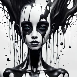 An inky humanoid creature with black and white skin, spilling black and white paint all over the place, dreamy, surreal