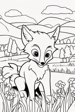 kids coloring page, fox in a field, cartoon style, thick lines, very low detail, no shading