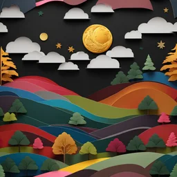 Completely dark black canvas, intricate paper art colorful landscape, beautiful and strong precisely crafted moon, three-dimensional rendering with depth and Christmas texture.