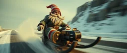 close up on gnome hit man with rocket boots in suit on a mech sled doing jumping stunt in winter wasteland, style of fallout 4, high speed with motion blur, on elevated road, beard blown into his face