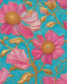 turquoise, bright pink and gold flower van Gough white background