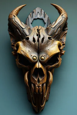 a dynamic portrait of wooden mutated devil skull wooden sculpture in the expressive, chaotic style of Russ Mills hand carved in old ironwood as magnetic bottle opener