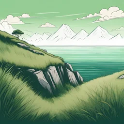 Green grass on the edge of the mountain overlooking the sea hand-drawn illustration style