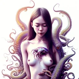 Realistic body, Asian woman, leaning pose, full body, squid, intricate detail , watercolor illustration by <agnes cecile> nest, octopus, fly, squid,everywhere, plants, wildflower, doll, blood, scythe, dolly,