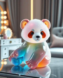 Generate image: Generate image: Generate image: A macro 3D render of a cute, lovely wooly panda entirely of translucent, glossy,colored jelly material. it is sitting on table in a luxury bedroom next to makeup desk,subsurface scattering and gelatinous texture . High-quality CGI, octane render, 8k resolution, whimsical, adorable, clean composition., in the style of Portraits, in the style of Portraits, 4:3