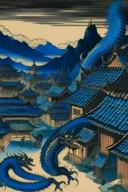 A dark blue village with a dragon painted by Utagawa Hiroshige