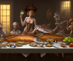 supper, fish sit at the table and eat pieces of people.