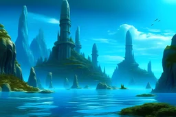paysages bleus de l'Atlantide avant sa chute, ancien continent englouti, mais lumineux, joyeux, avec ses tours, ses châteaux, ses paysages magnifiques