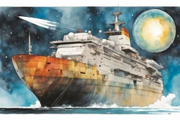 create an interstellar container ship caught in a celestial maelstrom, cosmic patterns, and dreamlike scenes, stars, planets, in the comic book style of Bill Sienkiewicz and Jean Giraud Moebius, ink wash and watercolor, highly detailed and sharply defined