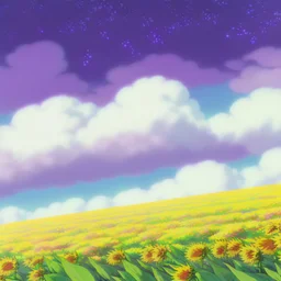 purple sky full of stars, sunflower field, anime, high res, makoto shinkai