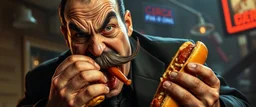mean looking mafia thug with mustache eating a two hot dogs while fighting on the style of giger
