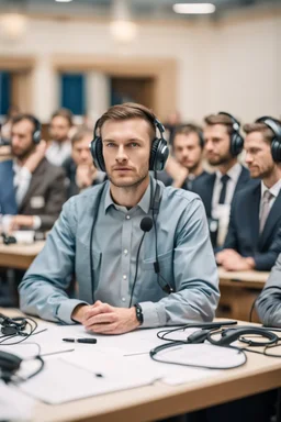 A simultaneous translator of Slavic appearance is sitting at a table with headphones with a microphone at a briefing, in a large hall, there are a lot of translators around, the background is blurred, everything is in pastel light colors