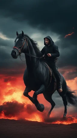 A black hooded with cane horse , man with a woman in the back holding the horse man , on a black wild horse , jumping on fire ,red clouds in the sky with storm and cinematic scene 4k