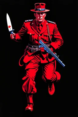 poster of a canadian soldier(uniform and face based on racist steriotypes of canadian soldiers) running towards viewer, a knife i one hand, and a gun(barrel pointing at viewer) in the other. retro poster monochrome with white background
