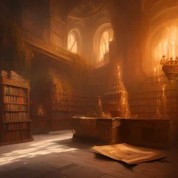 Fantasy concept art, dynamic lighting, hyperdetailed, intricately detailed, Splash screen art, deep color, Unreal Engine, volumetric lighting, fantasy library artwork, indoors, cozy, leather, marble, library, white candles, white silk,