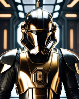 star wars bald male corellian pilot wearing pearlescent black and gunmetal grey First Order special forces armor and helmet with gold trim inside the jedi temple, centered head and shoulders portrait, hyperdetailed, dynamic lighting, hyperdetailed background, 8k resolution, volumetric lighting, light skin, fully symmetric details