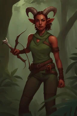 A DnD character. A female horned Tiefling ranger in a jungle. The Tiefling has a little dinosaur on her shoulder and a rapier in her hand.