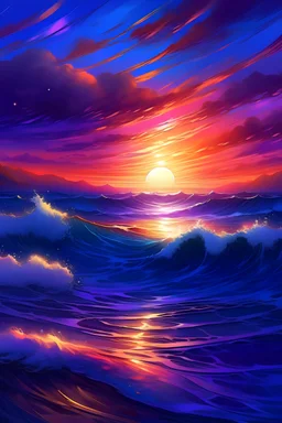 a painting of a purple sunset with waves and sun, with a colorful background , an ultrafine detailed painting, highly detailed digital painting, Android Jones, art