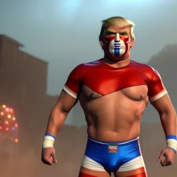 Realistic image of Donald trump wrestler, Mexican wrestling style, Mexican eyes wrestling mask, red and blue breeches, glow us flag dress, suspenders, retro style, 80s, vibrant color, highly detailed, sky background, concept art, unreal engine 5, god rays, ray tracing, RTX, lumen lighting, ultra detail, volumetric lighting, 3d, finely drawn, high definition, high resolution.