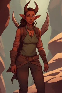 A DnD character. A female horned Tiefling ranger with pointy ears standing in a cave. The Tiefling has a little pterosaurs on her shoulder.