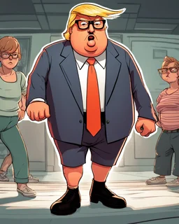 A character image of a fat Donald Trump wearing specks and shorts, a little angry.