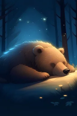 Little bear sleeping OLD animation inspired illustration over a Midnight magical lighting,ethereal feeling, 2D
