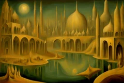 a surreal city with arches, domes and rivers by artist "Leonora Carrington",by artist "Agostino Arrivabene"