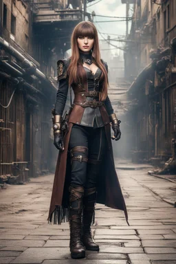 Full Body Photo Of A Woman With Straight Hair And A Fringe Hairstyle, heroic stance, Sci-Fi Steampunk street Background, with boot