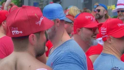 many men wearing red trucker hats enjoy the pride parade