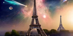 Eiffel tower made from diamonds . nebula in sky . flying cars passing by.