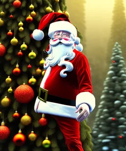 Small Santa Claus hanging in a branch of a giant christmas tree, midjourney style, 8k, photorealistic, cinematic lighting, dramatic, atmosphereric,