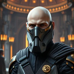 star wars bald male corellian jedi wearing gunmetal grey and black old republic armored flightsuit and breath mask with gold and metallic red trim inside the jedi temple, centered head and shoulders portrait, hyperdetailed, dynamic lighting, hyperdetailed background, 8k resolution, volumetric lighting, light skin, fully symmetric details