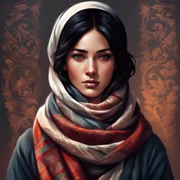 a digital art work, an eastern woman, with dark hair, with scarf, a portrait