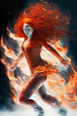 figure skater on ice with fiery red long hair and flames nearby