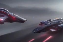 Futuristic formula spacecraft, racing fast on track circuit, cyberpunk style, fog