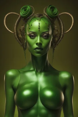 inspired by all the works of art in the world - A Fantastical Heavy Metal Rock and Roll Comedy in 3 notes - Zym Fandell, an extremely tiny, thin, voluptuous beautiful Green Martian female, wearing a skinsuit, Absolute Reality, Reality engine, Realistic stock photo 1080p, 32k UHD, Hyper realistic, photorealistic, well-shaped, perfect figure, perfect face, a multicolored, watercolor stained, wall in the background,