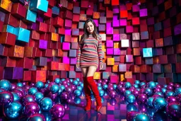 beautiful full body with long boots lady in surreal stage made of fractal random size spheres with helical strip colors in clothing similar to environment full body posing to camera,animating background metallic random color cubes